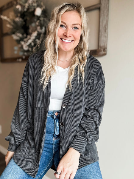Perri Ribbed Cardigan - Charcoal - SIZE SMALL