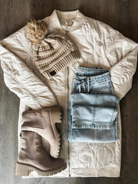 Berklee Long Quilted Bomber Jacket - Ivory