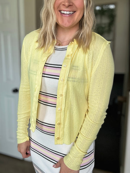 Long Sleeve Pointelle Button-Up Cardigan - Yellow