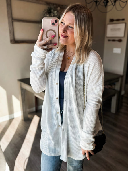 Hadlie Waffle Button Down Cardigan - White - SIZE SMALL