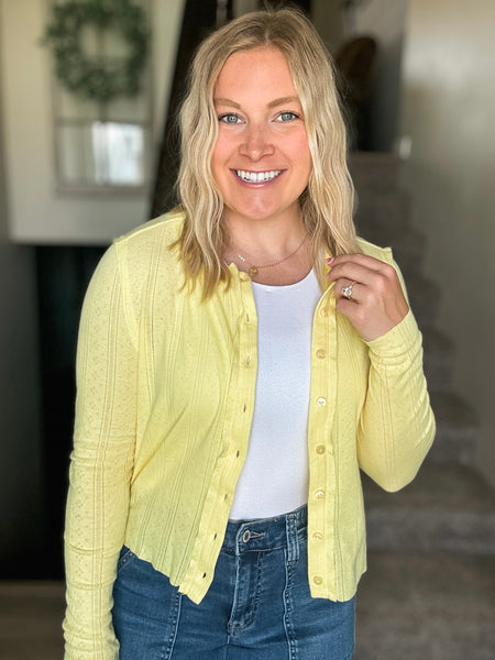 Long Sleeve Pointelle Button-Up Cardigan - Yellow