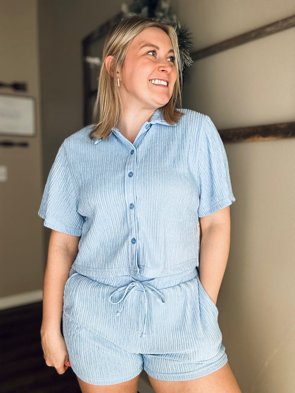 Del Mar Crinkle Loungewear Set - Blue