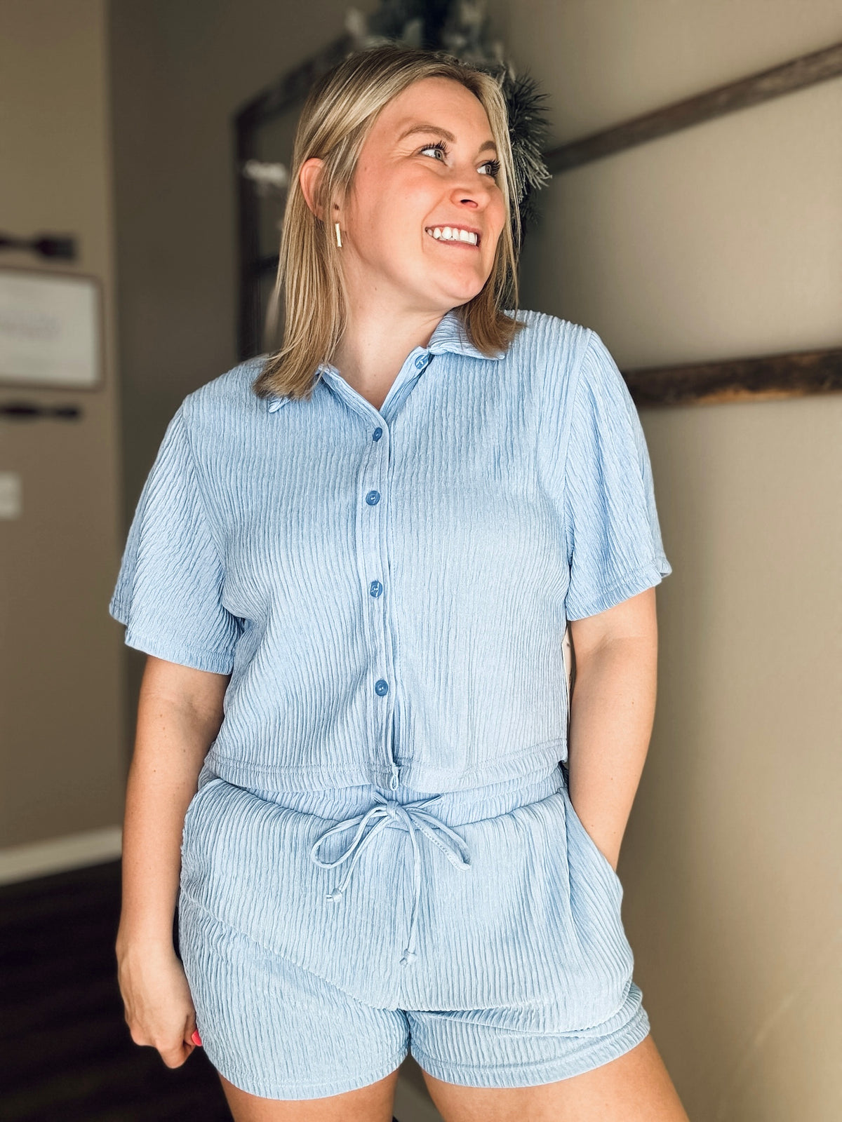 Del Mar Crinkle Loungewear Set - Blue