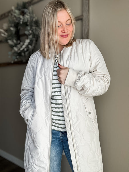 Berklee Long Quilted Bomber Jacket - Ivory