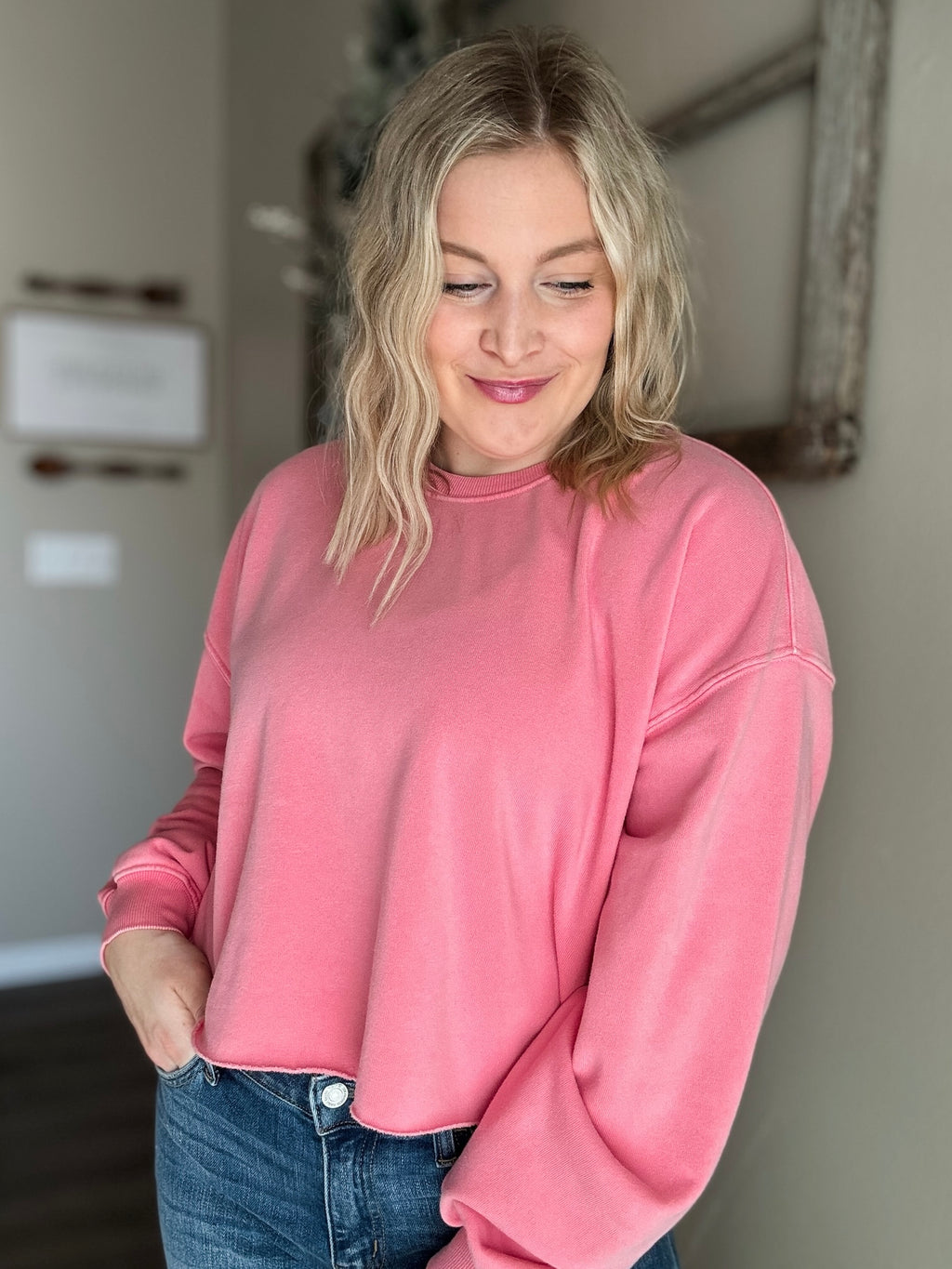Brightside Cropped Crewneck - Pink - SIZE SMALL