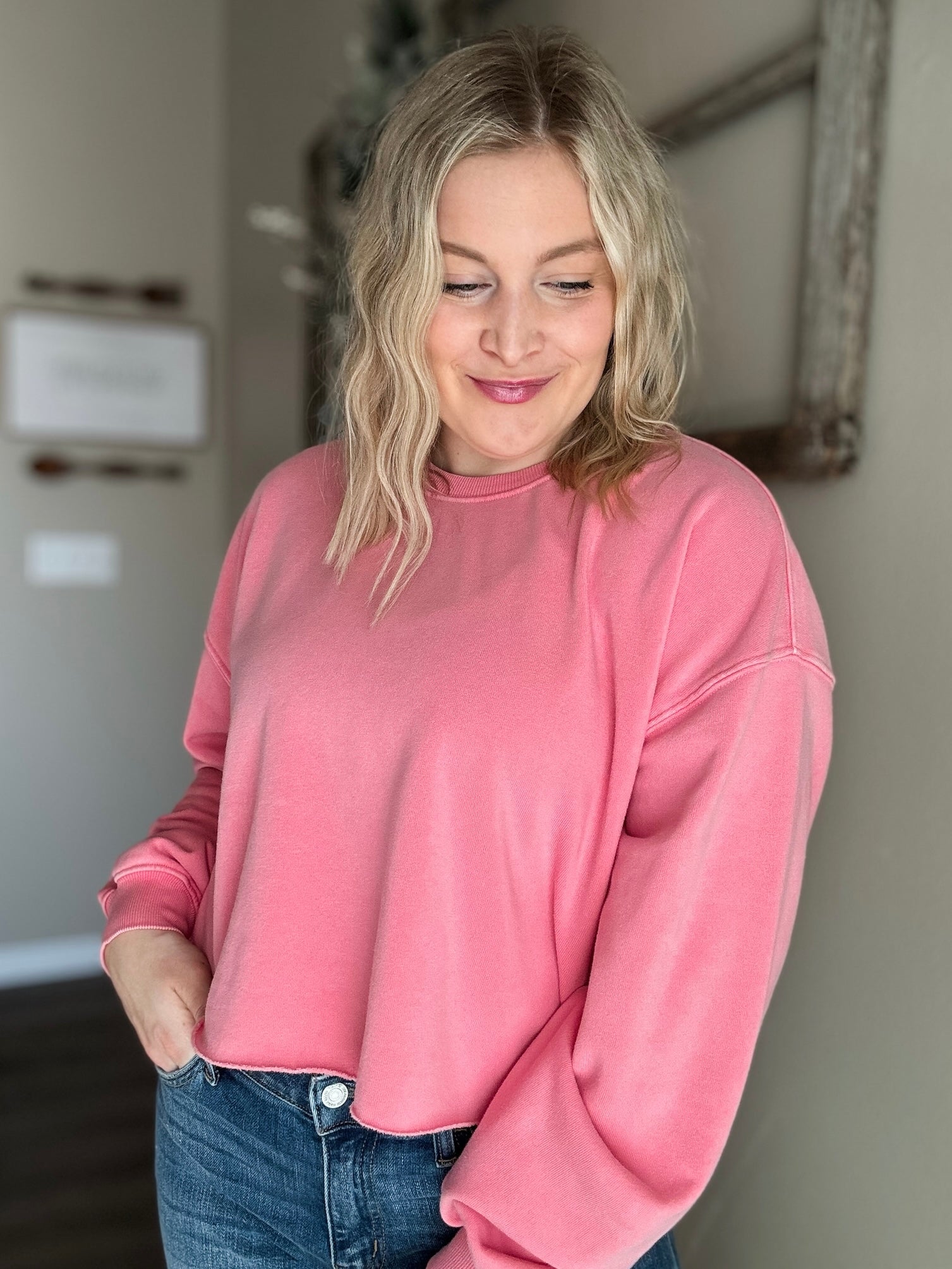 Brightside Cropped Crewneck - Pink - SIZE SMALL