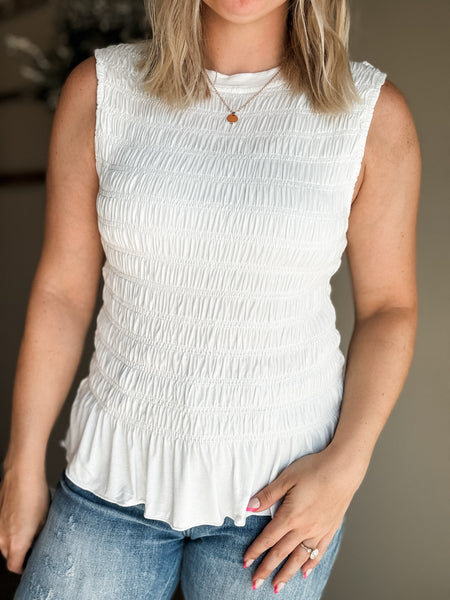 Bridgette Smocked Ruffle Hem Tank - White