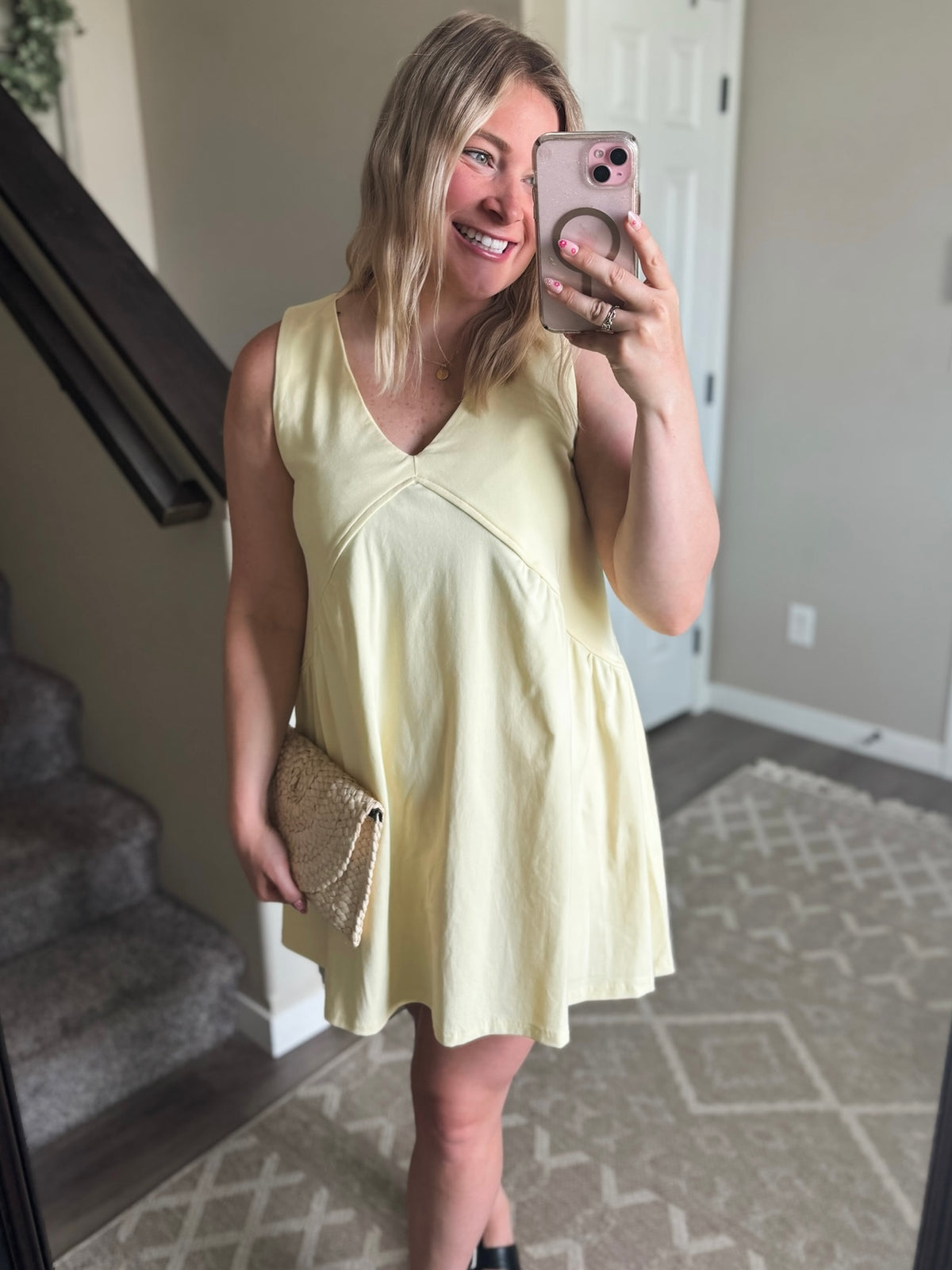 Sleeveless V Neck Mini Dress - Yellow
