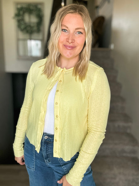 Long Sleeve Pointelle Button-Up Cardigan - Yellow