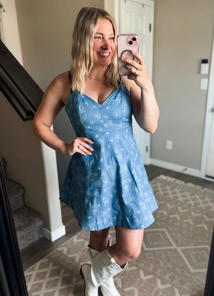 Denim Floral Cami Dress - Light Denim
