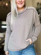 Wander & Rest Cable Ribbed Knit Drop Shoulder Top - Mocha - SIZE L/XL