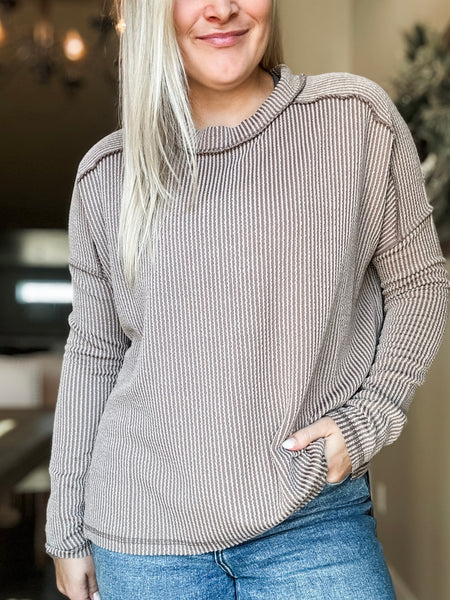 Wander & Rest Cable Ribbed Knit Drop Shoulder Top - Mocha - SIZE L/XL