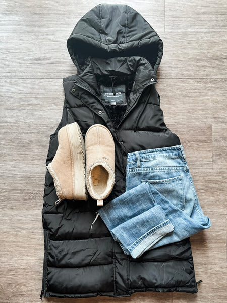 Brendi Black Long Puffer Vest - Black