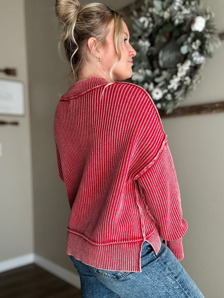 Hollis Washed Knit Sweater - Dark Red