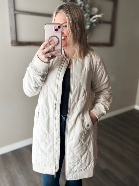 Berklee Long Quilted Bomber Jacket - Ivory