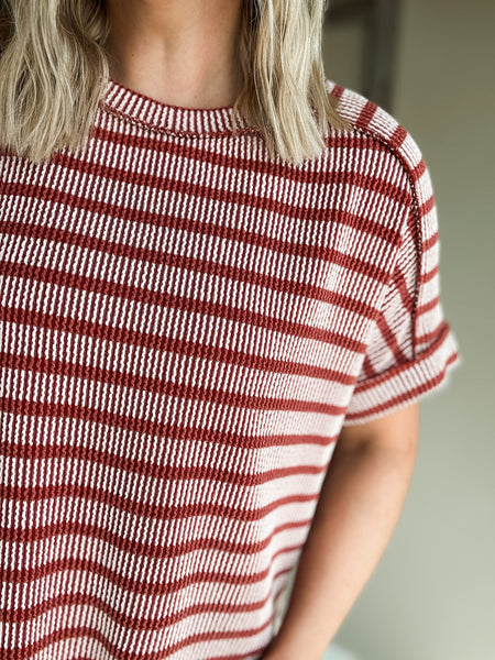 Maeven Exposed Seam Ribbed Top - Rust - SIZE S/M