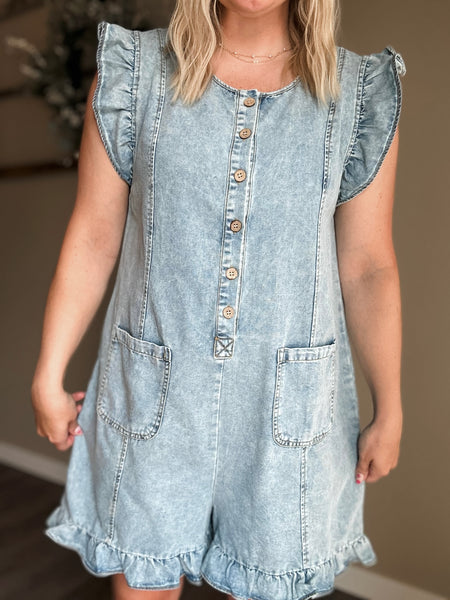 Juju Ruffle Denim Romper - Dark