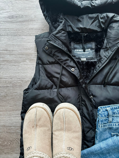 Brendi Black Long Puffer Vest - Black