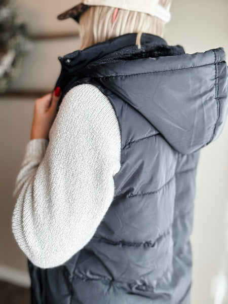 Brendi Black Long Puffer Vest - Black
