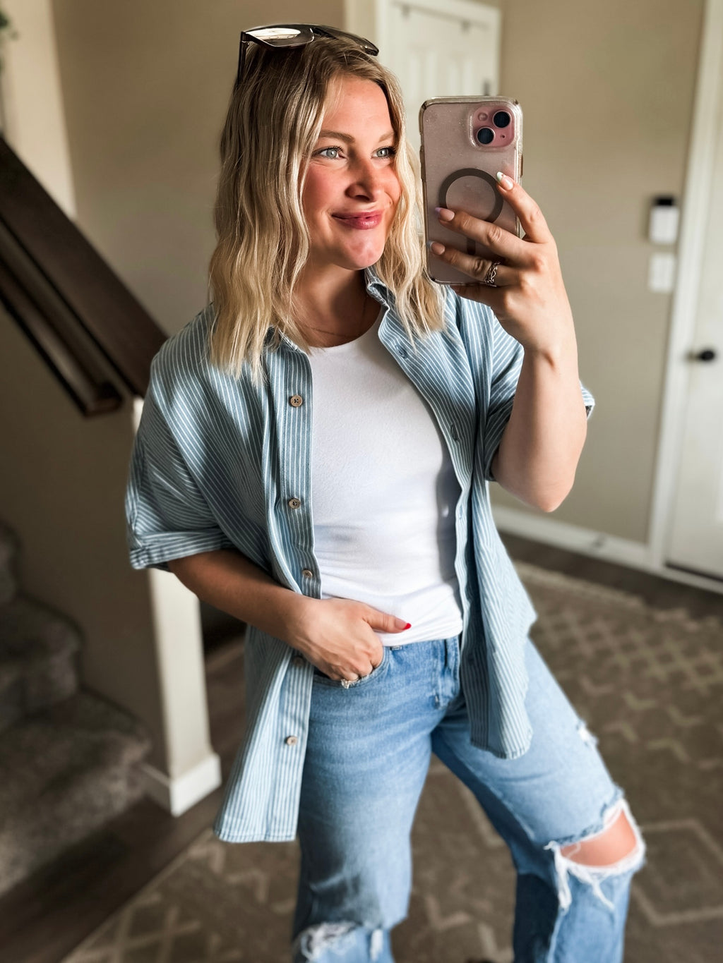 Rylan Stripe Denim Button Down Shirt - SIZE MEDIUM