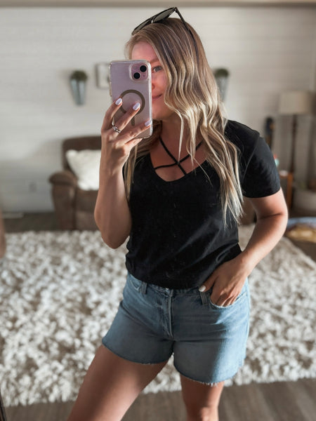 Whitley Criss Cross Tee - Black - SIZE SMALL