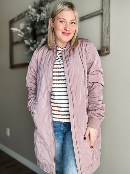 Berklee Long Quilted Bomber Jacket - Dusty Rose