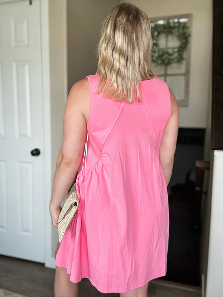 Sleeveless V Neck Mini Dress - Pink
