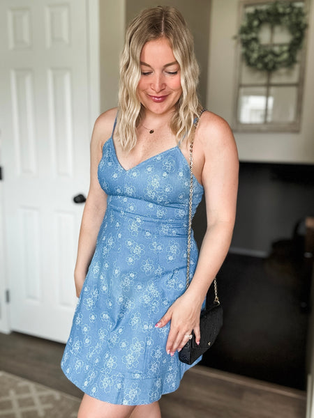 Denim Floral Cami Dress - Light Denim