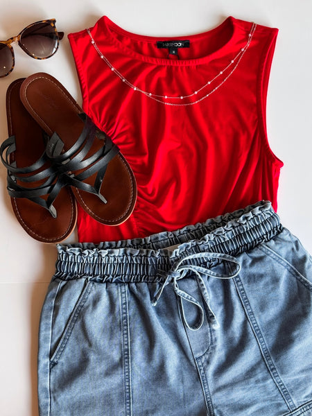 Ruched Side Sleeveless Knit Top - Red