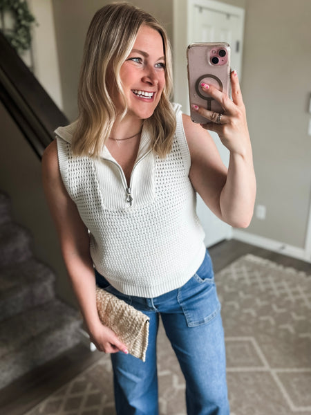 Open Knit Zip Collar Sleeveless Sweater - Ivory