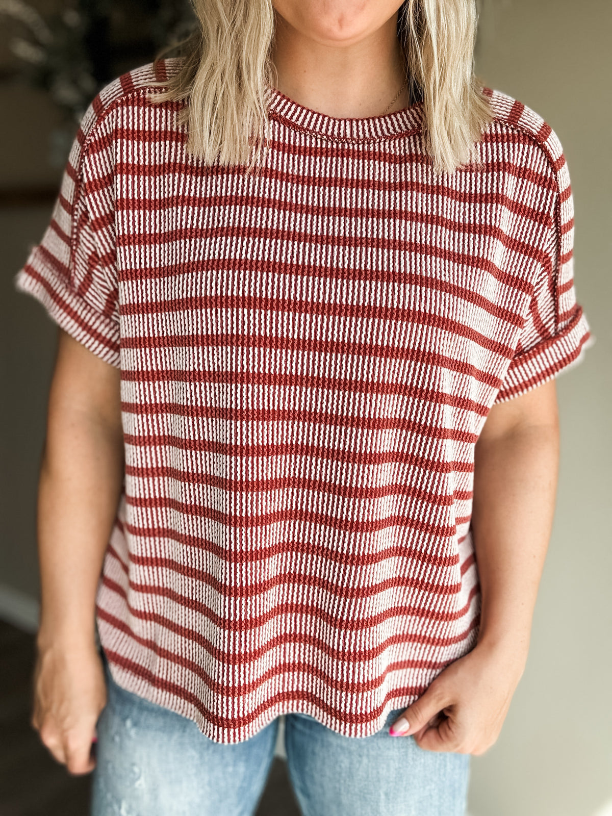 Maeven Exposed Seam Ribbed Top - Rust - SIZE S/M