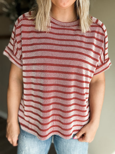 Maeven Exposed Seam Ribbed Top - Rust - SIZE S/M