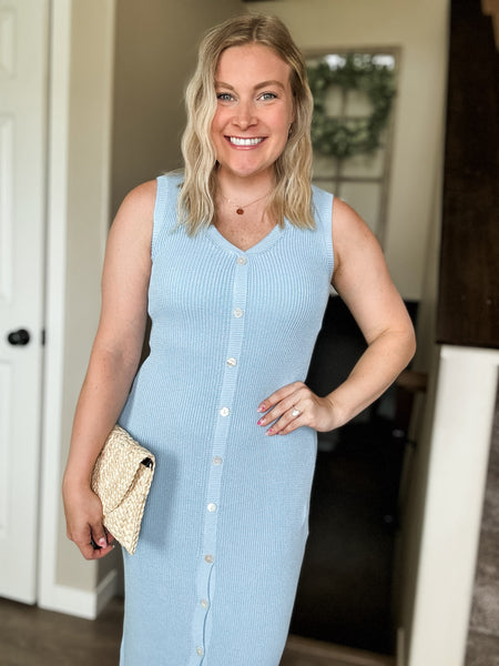 Button Front Rib Knit Midi Dress Slim Fit - Blue
