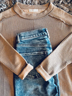 Wander & Rest Cable Ribbed Knit Drop Shoulder Top - Mocha - SIZE L/XL