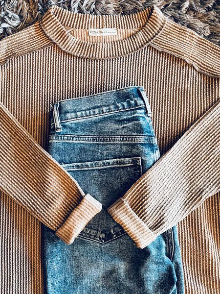 Wander & Rest Cable Ribbed Knit Drop Shoulder Top - Mocha - SIZE L/XL