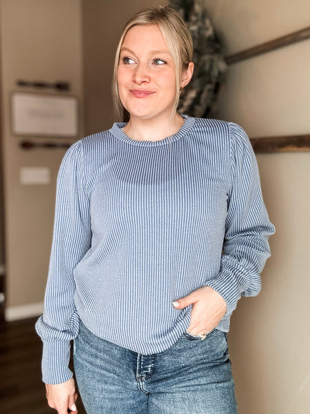 Simply Styled Balloon Sleeve Knit Top - Denim