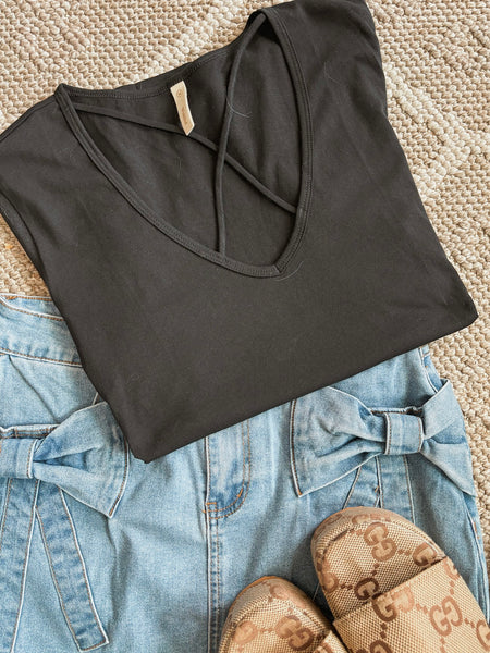 Whitley Criss Cross Tee - Black - SIZE SMALL