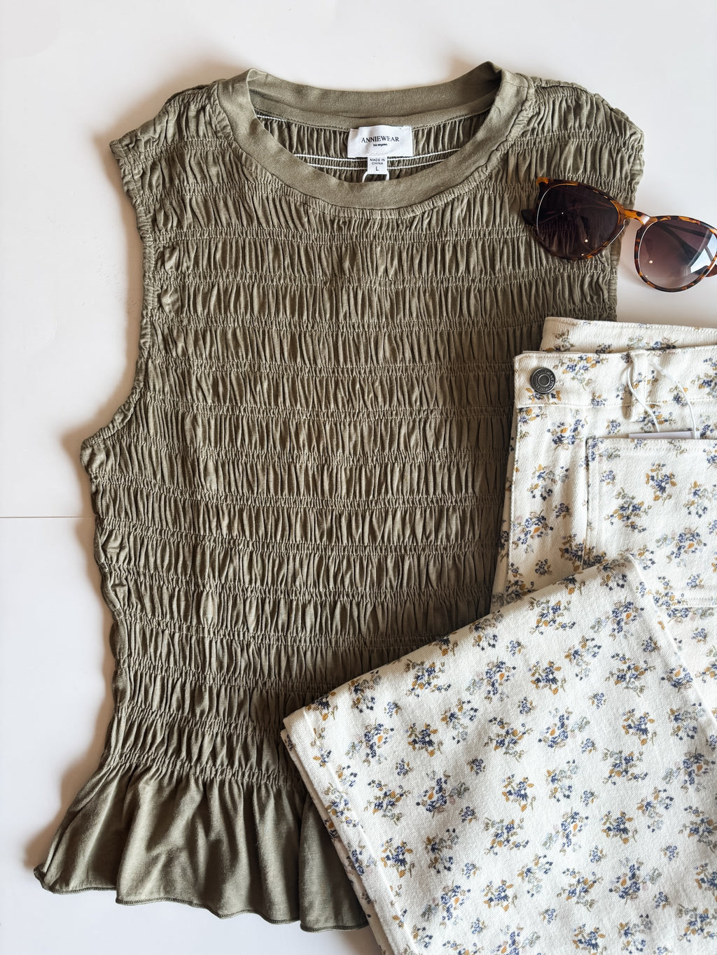 Bridgette Smocked Ruffle Hem Tank - Olive