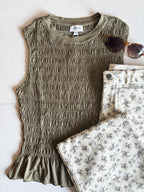 Bridgette Smocked Ruffle Hem Tank - Olive