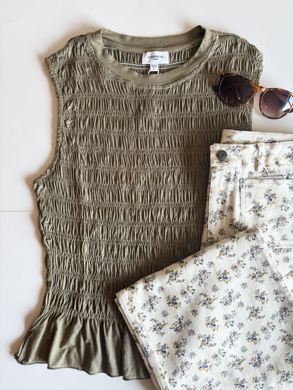 Bridgette Smocked Ruffle Hem Tank - Olive