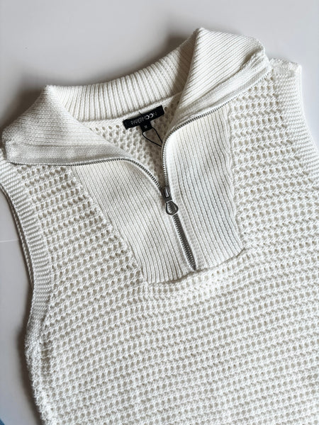 Open Knit Zip Collar Sleeveless Sweater - Ivory
