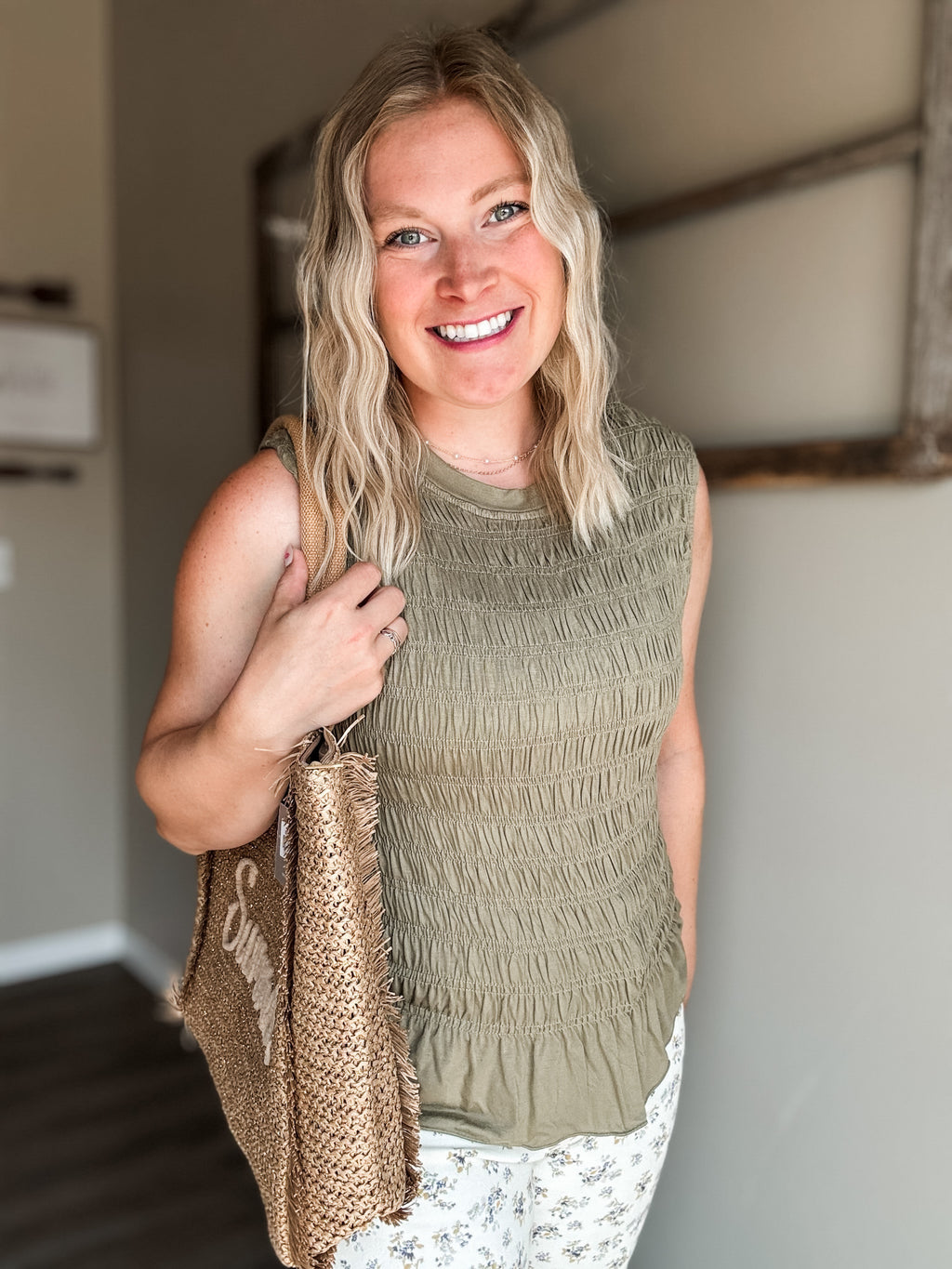 Bridgette Smocked Ruffle Hem Tank - Olive