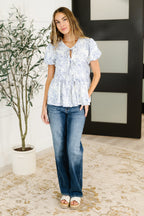 Dainty Lil' Thing Balloon Sleeve Blouse in Ivory/Blue - SIZE SMALL