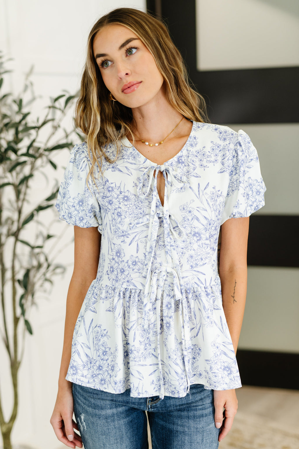 Dainty Lil' Thing Balloon Sleeve Blouse in Ivory/Blue - SIZE SMALL