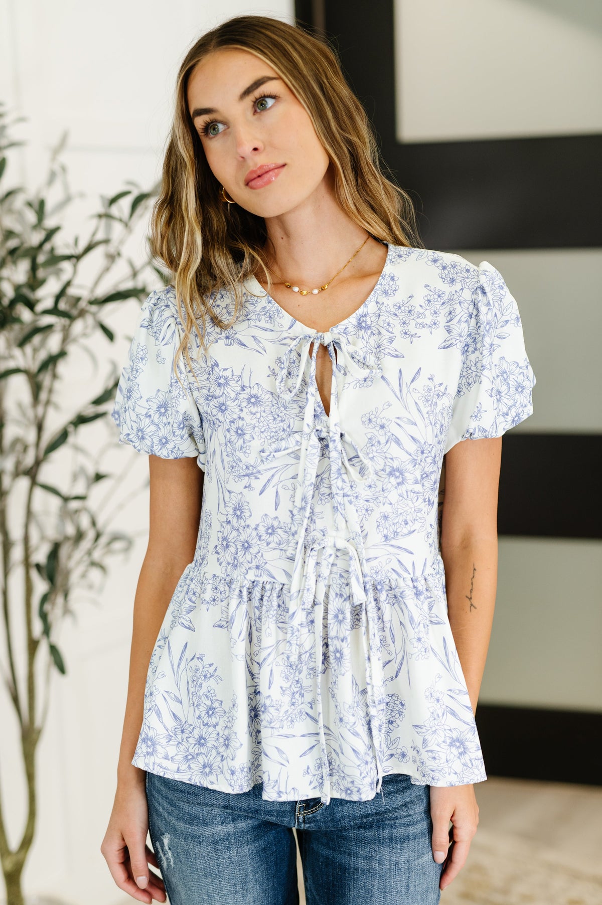 Dainty Lil' Thing Balloon Sleeve Blouse in Ivory/Blue - SIZE SMALL