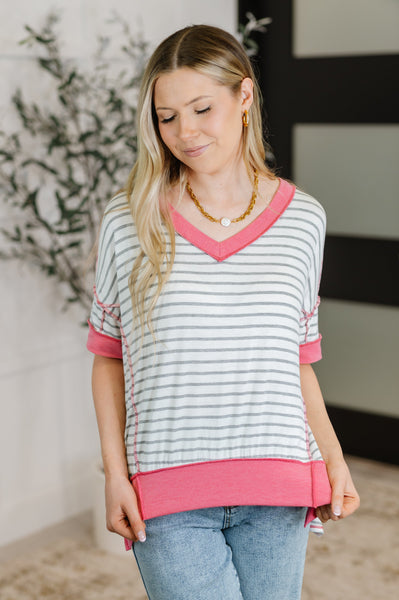 Dressed to Chill V-Neck Top in Heather Grey/Ivory/Pink