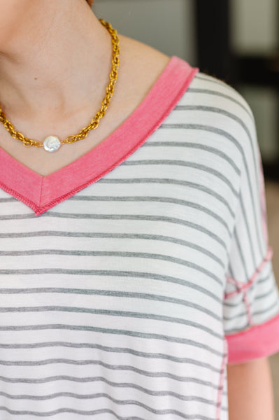 Dressed to Chill V-Neck Top in Heather Grey/Ivory/Pink