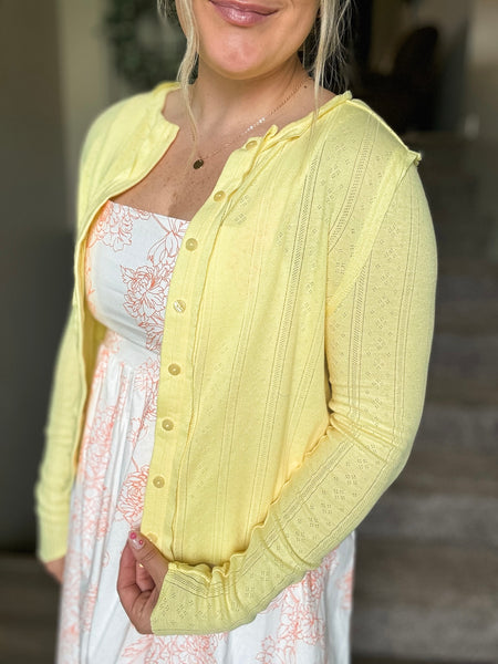 Long Sleeve Pointelle Button-Up Cardigan - Yellow