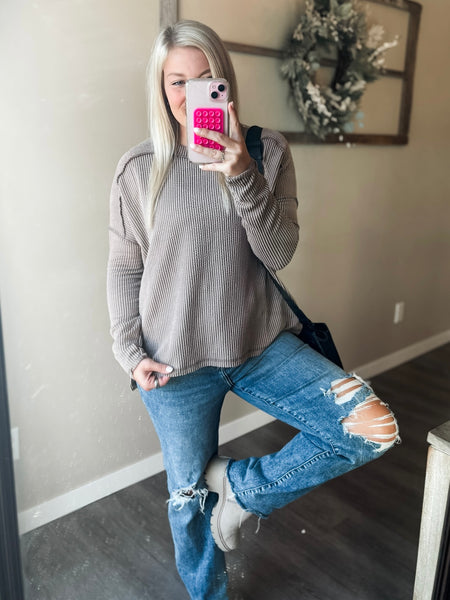 Wander & Rest Cable Ribbed Knit Drop Shoulder Top - Mocha - SIZE L/XL