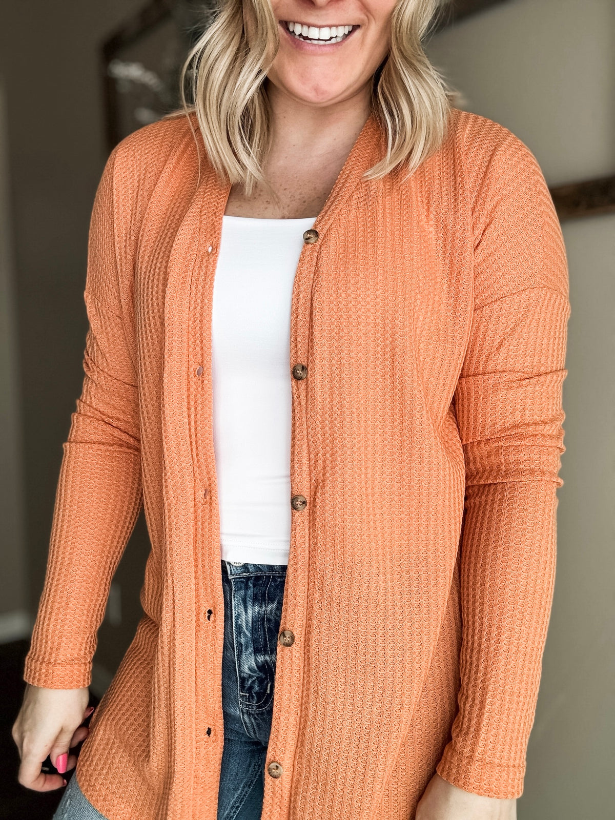 Hadlie Waffle Button Down Cardigan - Cantaloupe - SIZE SMALL